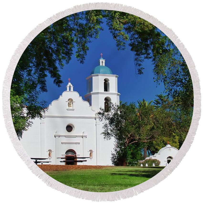 Mission San Luis Rey De Francia Round Beach Towel featuring the photograph Framing San Luis Rey Mission by American Landscapes