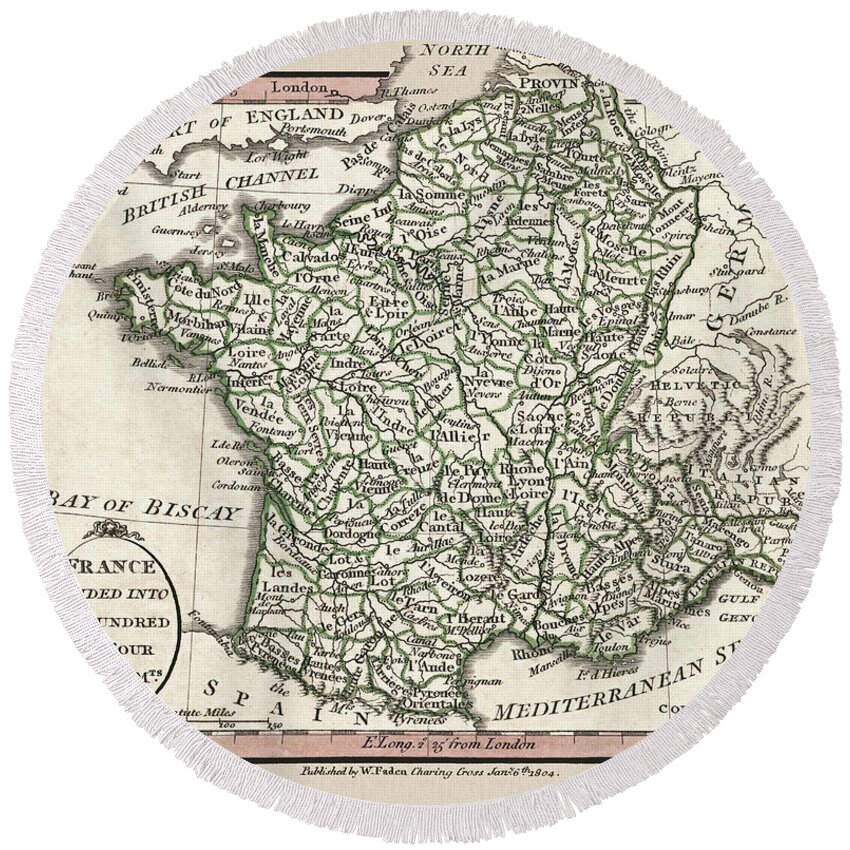 France Round Beach Towel featuring the photograph France and 104 Departments 1804 Map by Phil Cardamone