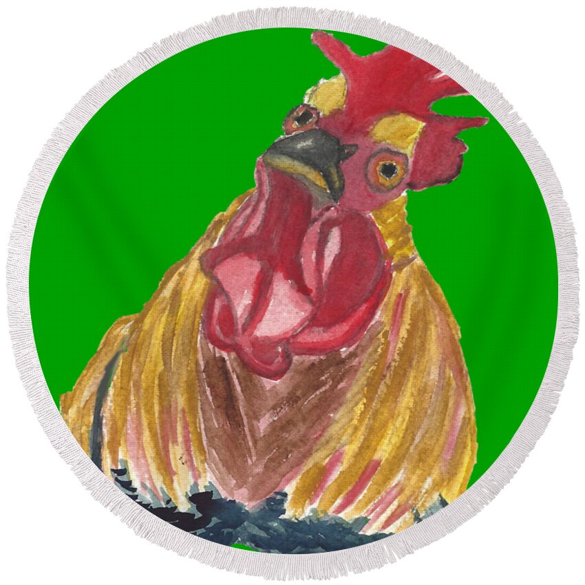 Chicken Round Beach Towel featuring the painting Franklin the Rooster Funny Chicken Design by Ali Baucom