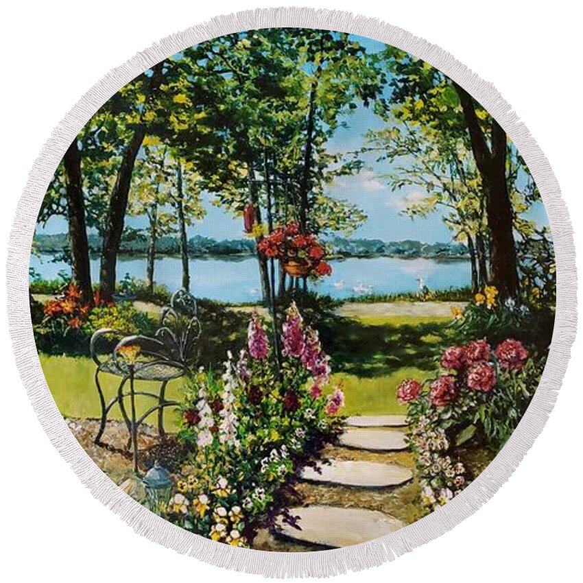 Garden Round Beach Towel featuring the painting Fran's Garden by Merana Cadorette
