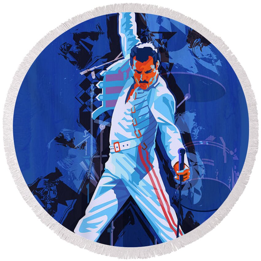 Freddie Mercury Illustration Round Beach Towel featuring the digital art Freddie Mercury Illustration by Garth Glazier