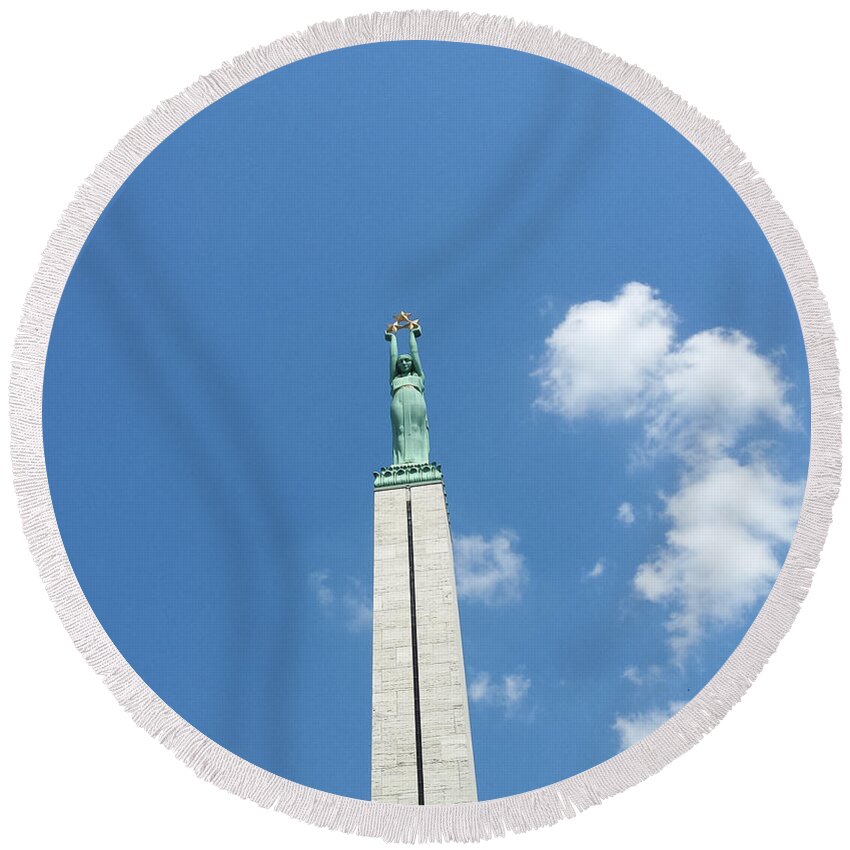 Freedom Round Beach Towel featuring the photograph Freedom Monument Riga Latvia Europe by Joelle Philibert