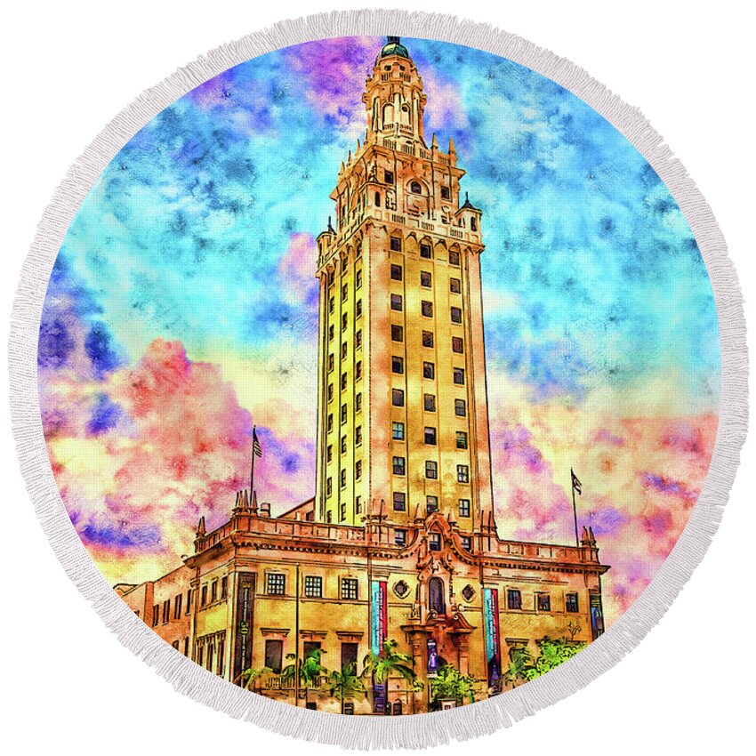 Freedom Tower Round Beach Towel featuring the digital art Freedom Tower in Miami, Florida, at sunset - pen and watercolor by Nicko Prints