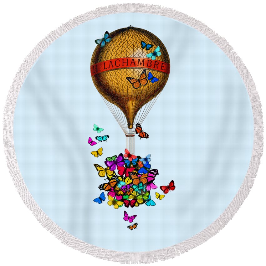 French Round Beach Towel featuring the digital art French hot air balloon with rainbow butterflies basket by Madame Memento