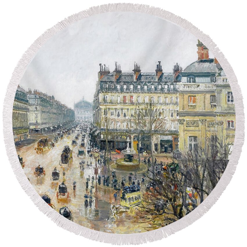 French Round Beach Towel featuring the painting French Theater Square by Camille Pissarro by Mango Art