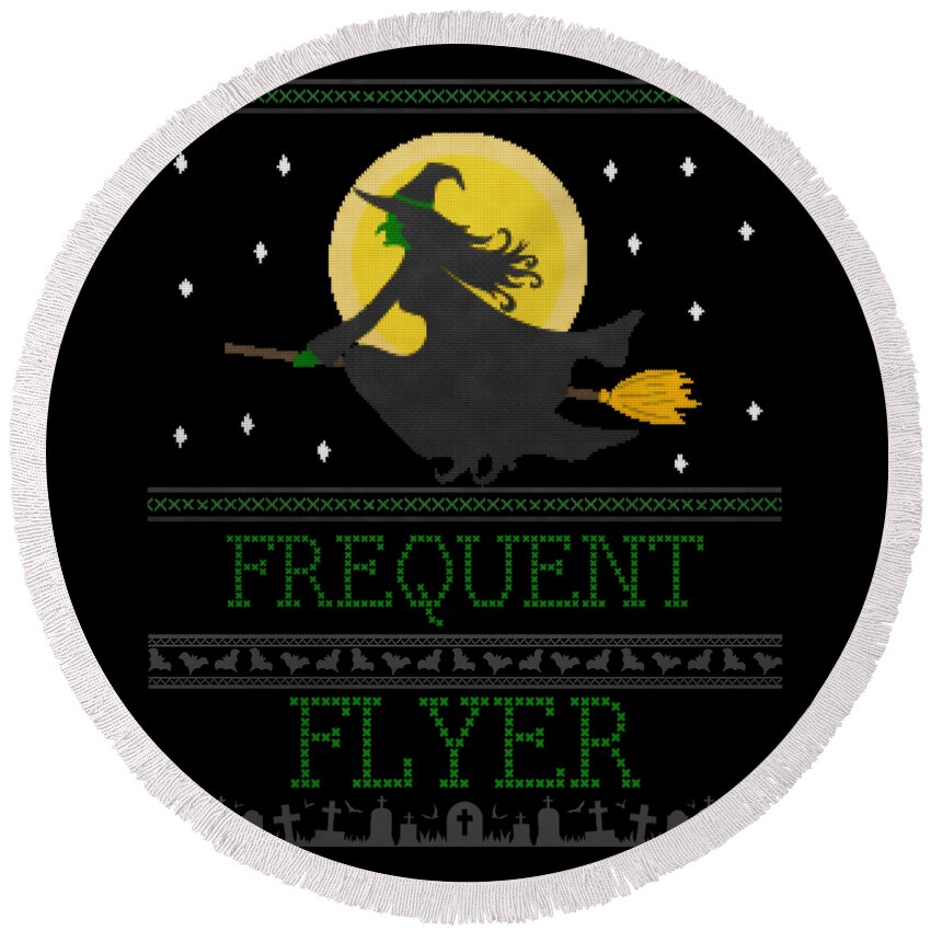 Witch Round Beach Towel featuring the digital art Frequent Flyer Ugly Halloween Witch Sweater by Flippin Sweet Gear