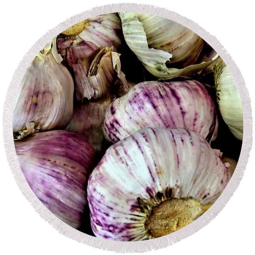 Seasonings Round Beach Towel featuring the photograph Fresh Purple Garlic for Sale by Linda Stern