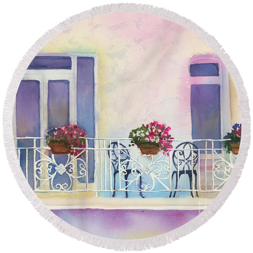 Watercolor Painting Round Beach Towel featuring the painting Fresh Winds Balcony by Amy Kirkpatrick