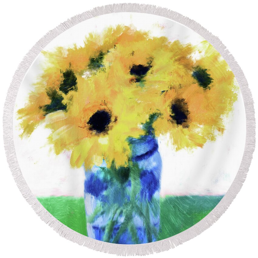 Flowers Round Beach Towel featuring the mixed media Fresh Yellow Flowers- Art by Linda Woods by Linda Woods