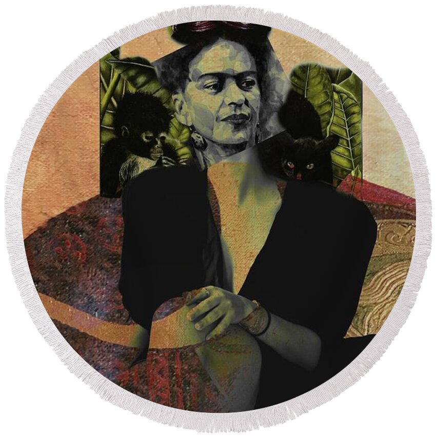 Frida Kahlo Art Round Beach Towel featuring the mixed media Frida Kahlo - Memory by Paul Lovering