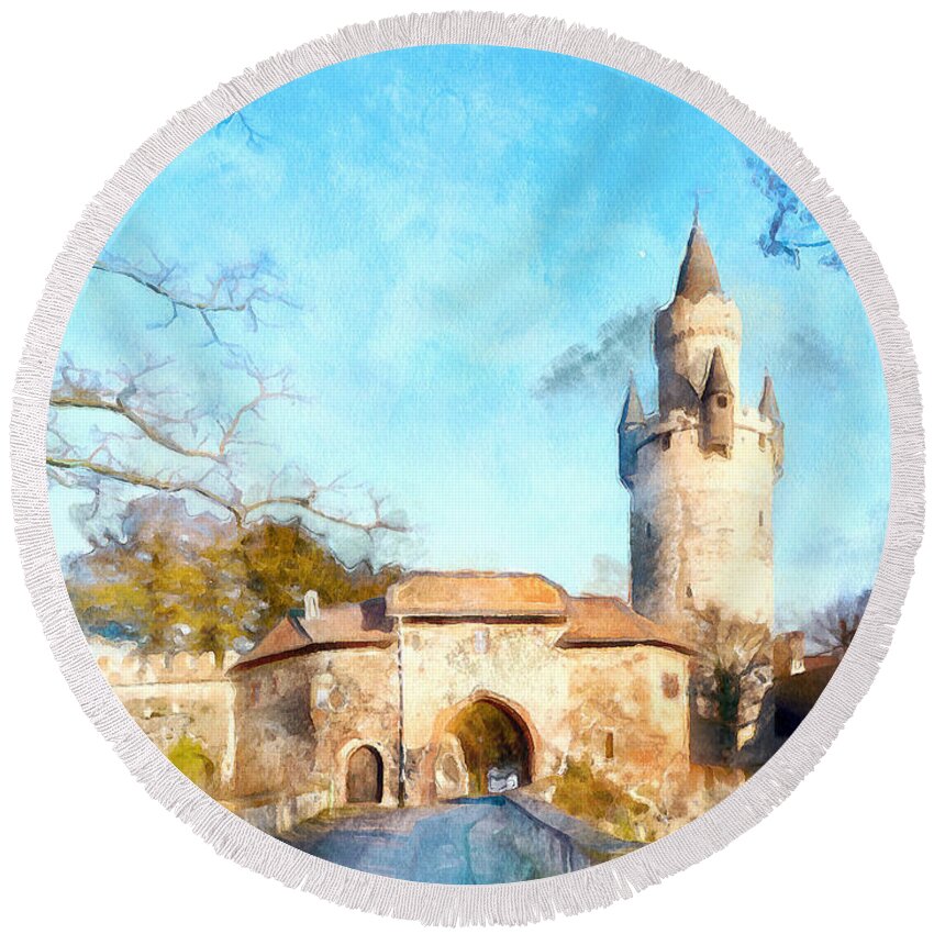 Landscape Round Beach Towel featuring the painting Friedberg Schloss - DWP3688760 by Dean Wittle