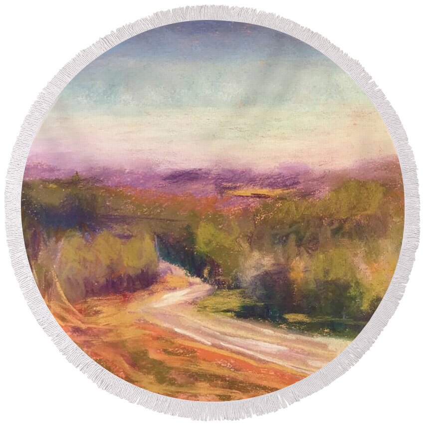 December Round Beach Towel featuring the pastel From Peak's Hill in December by Carol Berning