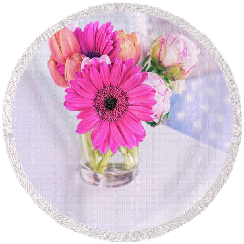 Gerbera Daisy Round Beach Towel featuring the photograph Front Porch Flowers 2 by Marianne Campolongo