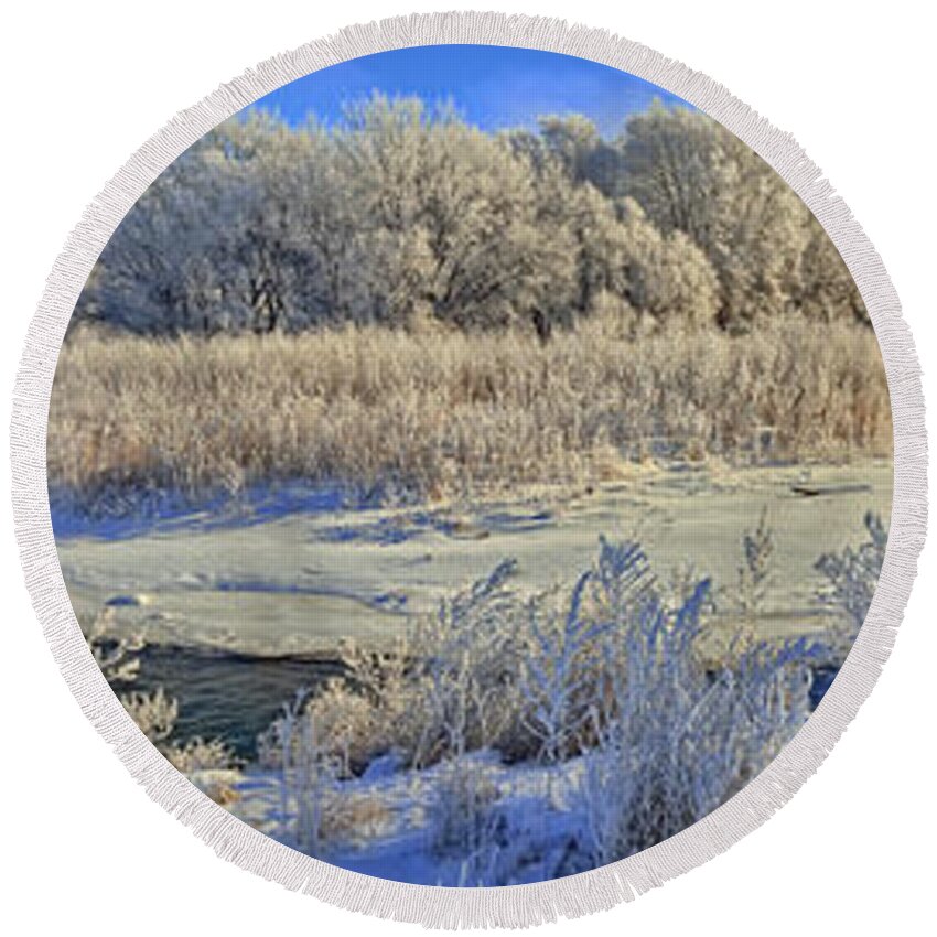 Winter Landscape Round Beach Towel featuring the photograph Frost Along the Creek - Panorama by Bruce Morrison
