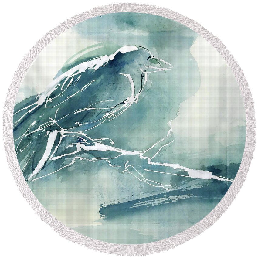 Original Watercolors Round Beach Towel featuring the painting Frosted Raven 4 by Chris Paschke
