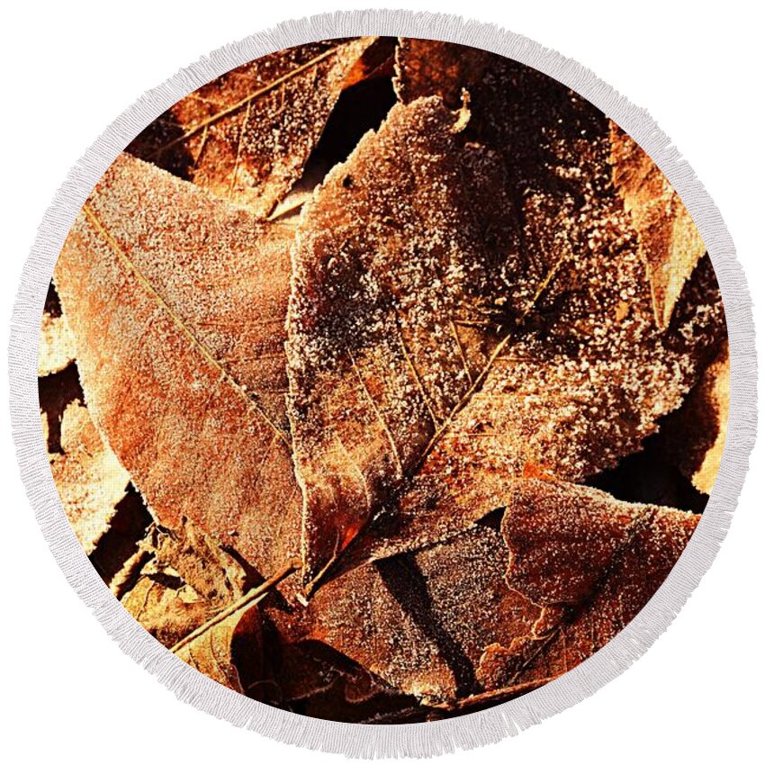 Photography Round Beach Towel featuring the photograph Frosty Leaves by Larry Ricker