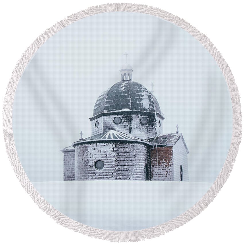 Radhost Round Beach Towel featuring the photograph Frozen historical chapel - White colour by Vaclav Sonnek