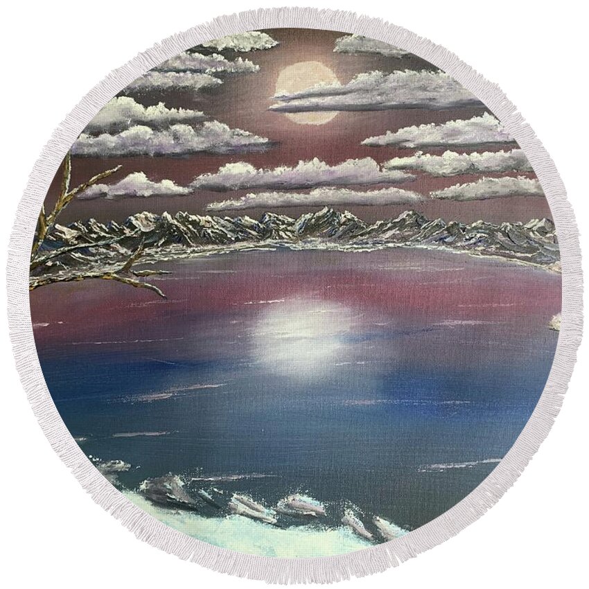 Winter Round Beach Towel featuring the painting Frozen by Lisa White
