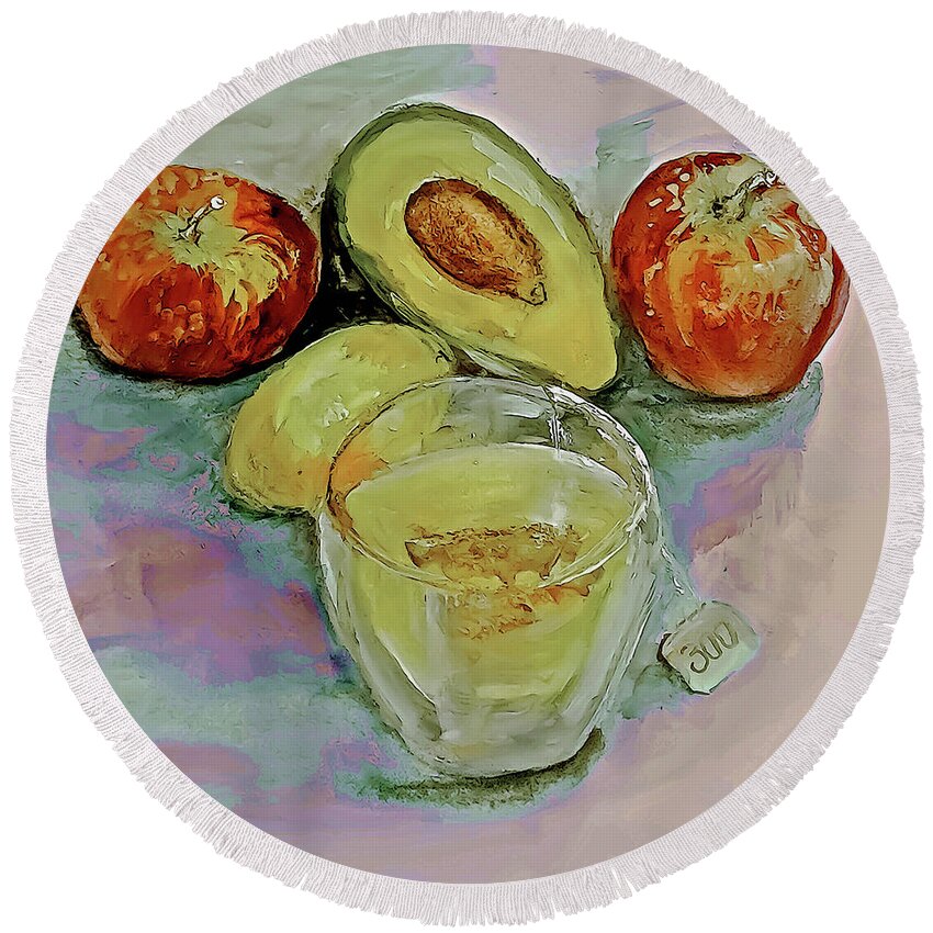 Fruit Round Beach Towel featuring the mixed media Fruit And Tea Snack Watercolor by Lisa Kaiser