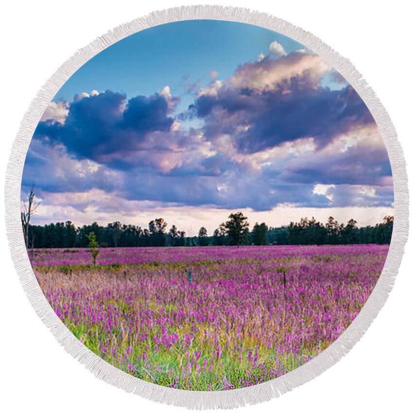 Landscape Round Beach Towel featuring the mixed media Fuchsia Fields by Moira Law