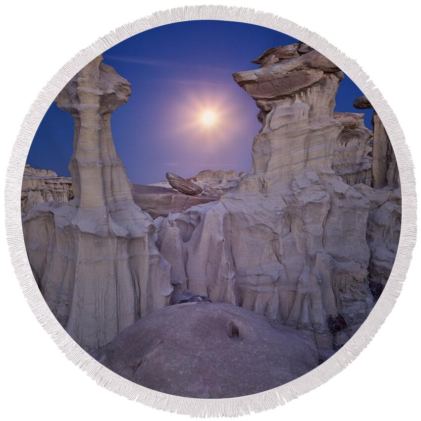 New Mexico Round Beach Towel featuring the photograph Full Moon over Badlands by Peter Boehringer