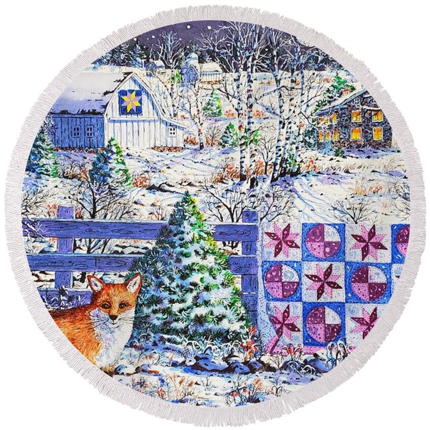 Winter Landscape Round Beach Towel featuring the painting Full Moon Quilt by Diane Phalen