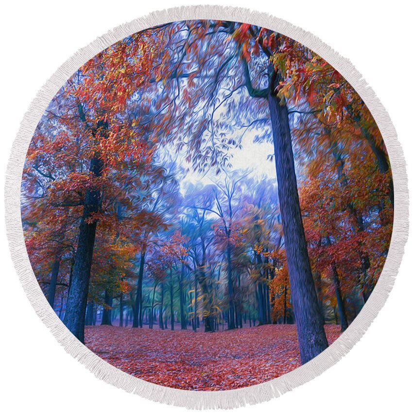 Fun Colors Round Beach Towel featuring the photograph Fun Autumn Colors in the Forest by Sandra J's