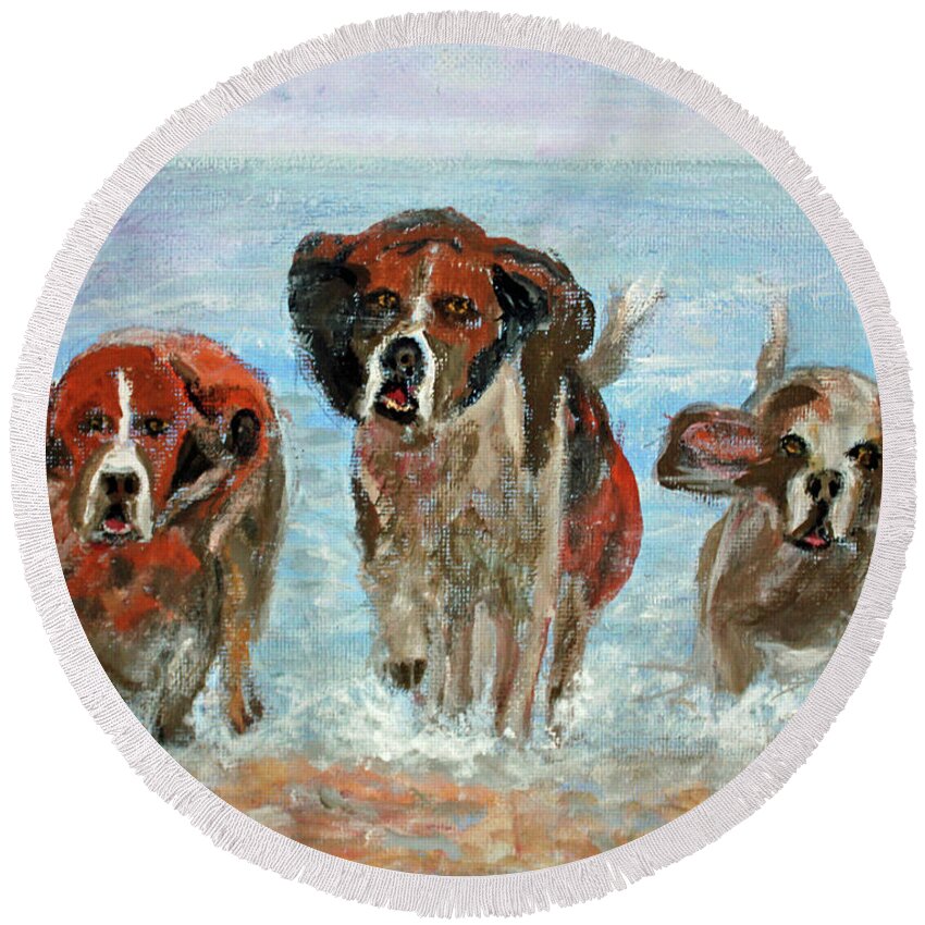 Animals Round Beach Towel featuring the painting Fun Run by Lyric Lucas