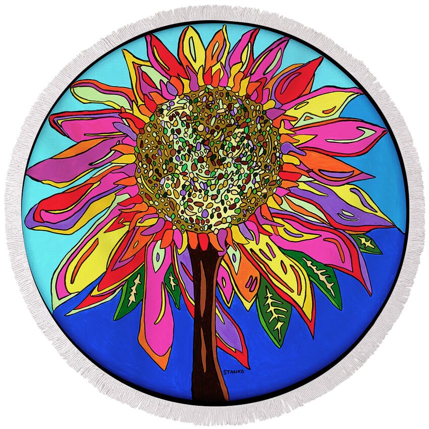 Flower Psychedelic Colorerful Pop Art Round Beach Towel featuring the painting FunFlower by Mike Stanko
