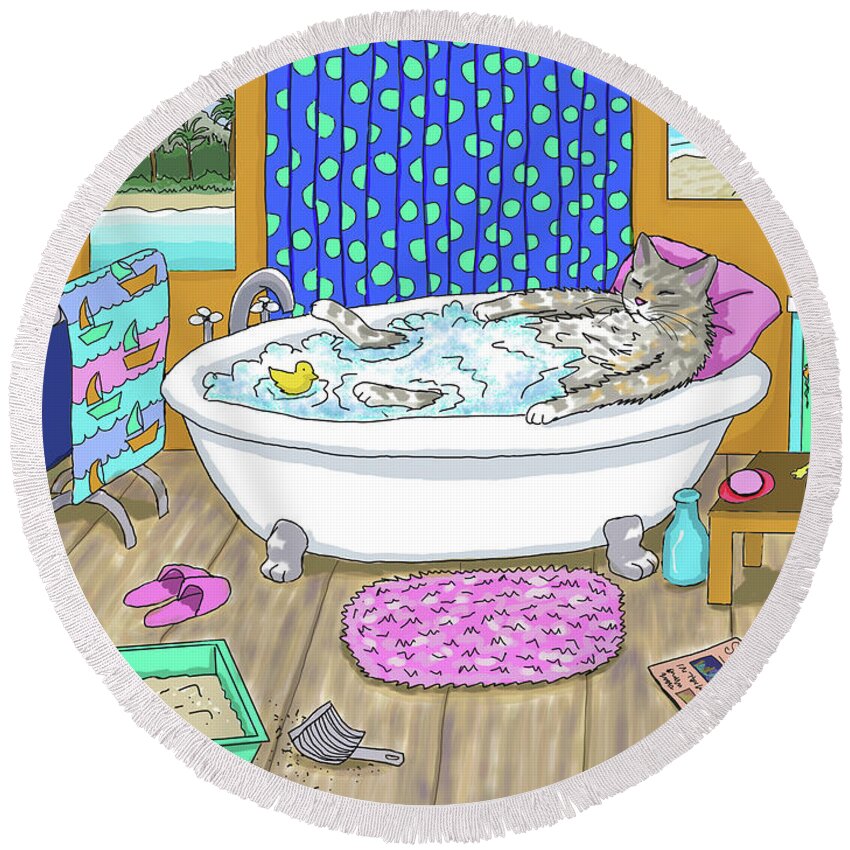 Cat Round Beach Towel featuring the digital art Funny Cat in Bath Cat 665 by Lucie Dumas