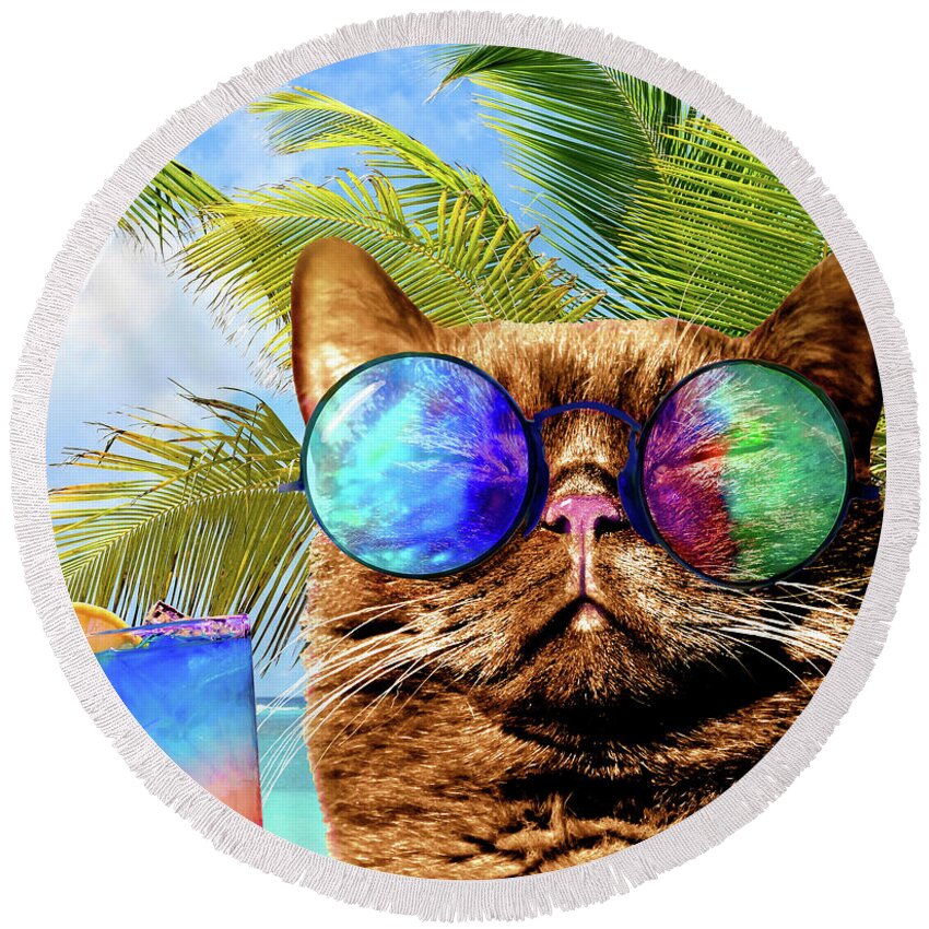 Cat Round Beach Towel featuring the mixed media Funny Cat on Beach 675 by Lucie Dumas