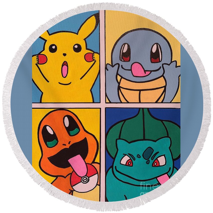 Pokemon Round Beach Towel featuring the painting Funny Faces by Elena Pratt