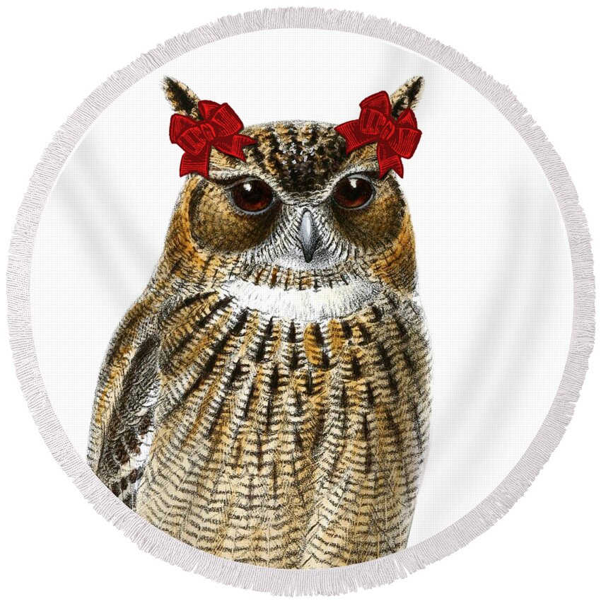 Owl Round Beach Towel featuring the digital art Funny Owl Girl by Madame Memento