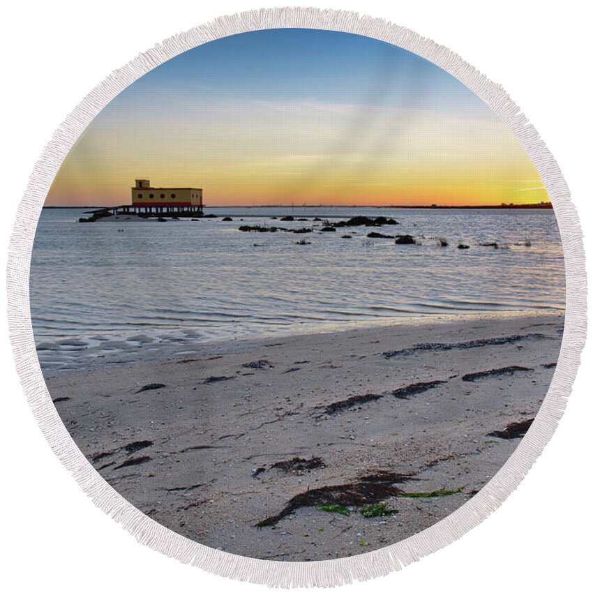 Algarve Round Beach Towel featuring the photograph Fuzeta beach sunset scenery and landmark. Portugal by Angelo DeVal