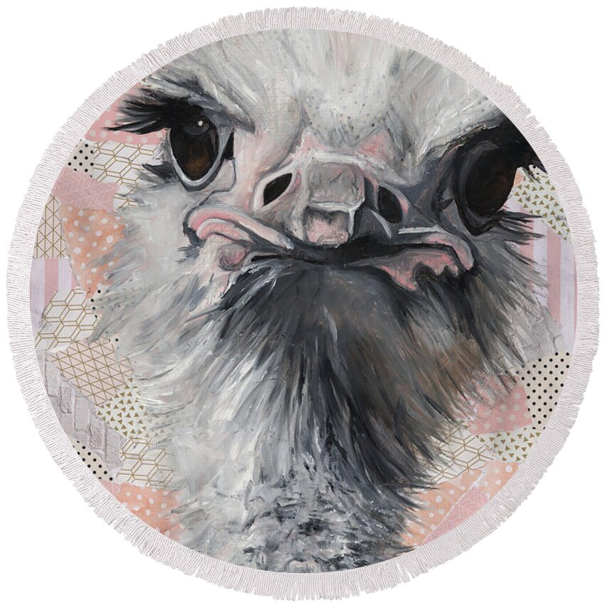 Ostrich Round Beach Towel featuring the painting Fuzzy and Fierce by Ashley Lane