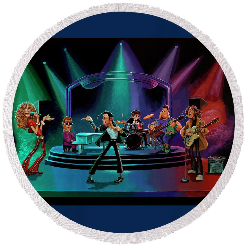 Legends Round Beach Towel featuring the painting Gabriel Soares Music Legends in Concert Painting by Paul Meijering