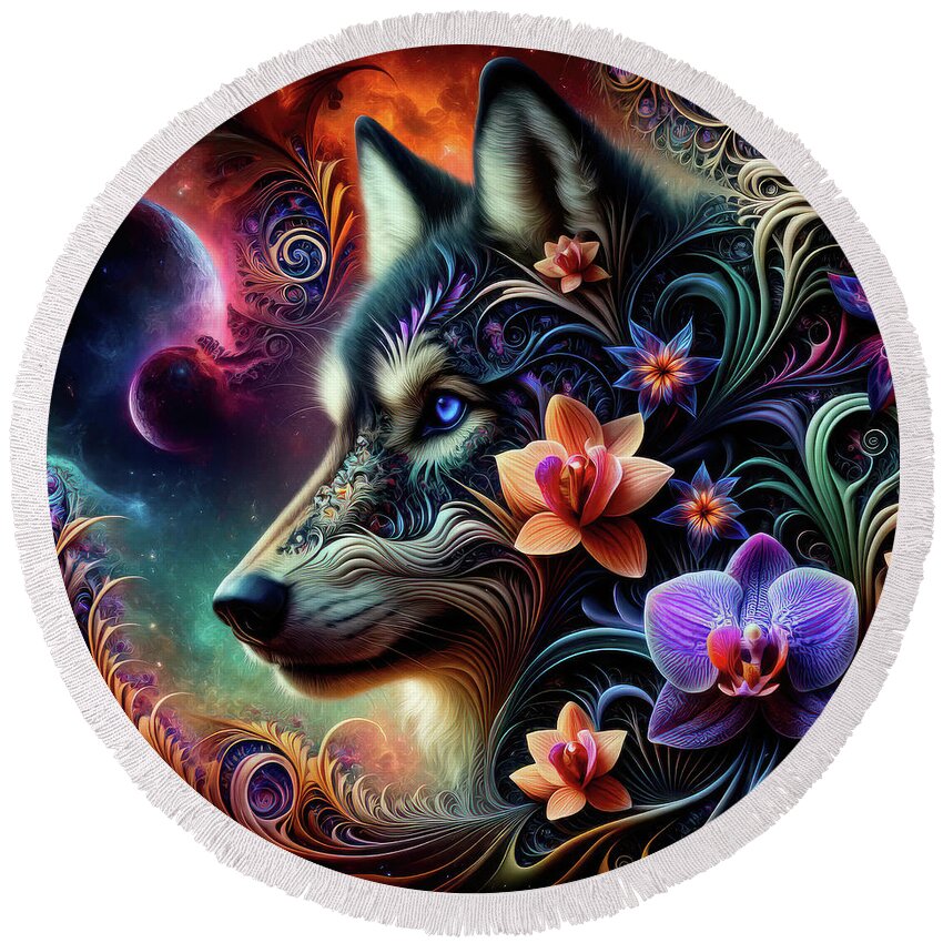 Celestial Wolf Round Beach Towel featuring the digital art Galactic Blossom Canine by Bill and Linda Tiepelman