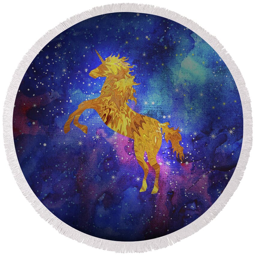 Pegasus Round Beach Towel featuring the digital art Galaxy Unicorn by Sambel Pedes