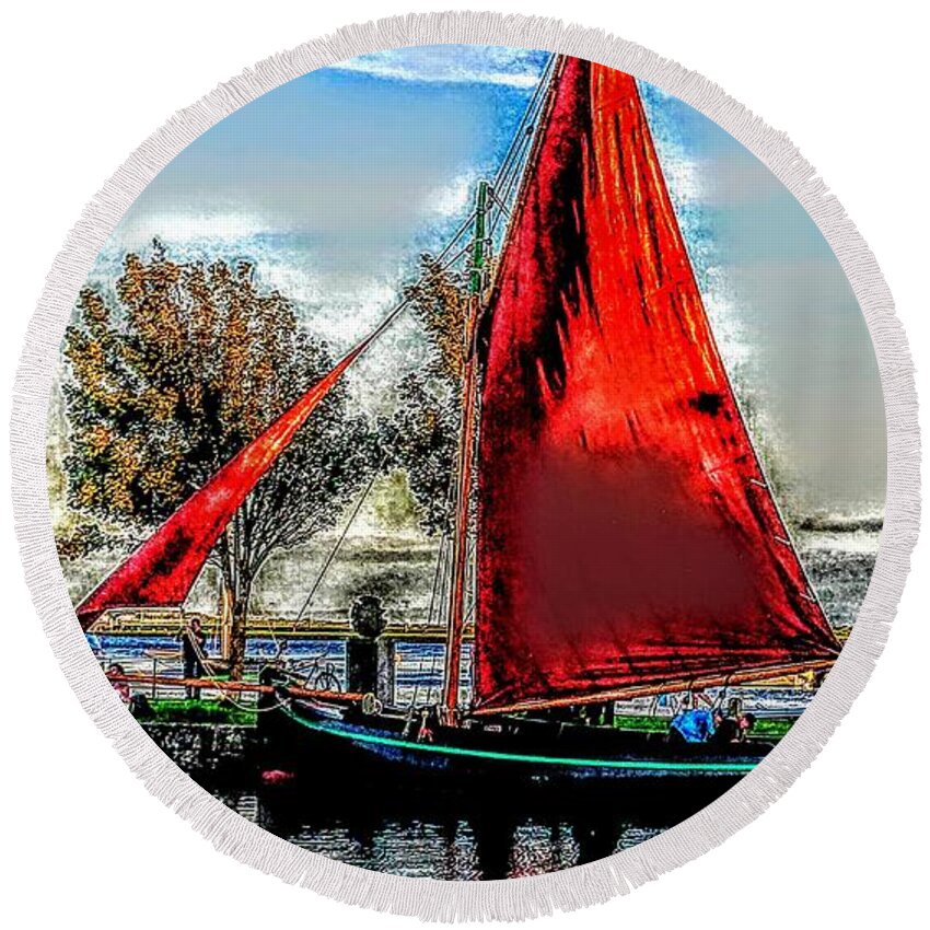 Galway Ireland Round Beach Towel featuring the painting Galway hooker canvas by Mary Cahalan Lee - aka PIXI