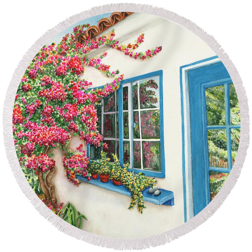 Bungalow Round Beach Towel featuring the painting Garden Bungalow by Lori Taylor