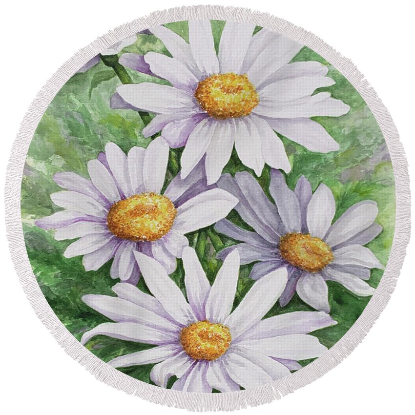 Daisy Round Beach Towel featuring the painting Garden Daisies by Lori Taylor