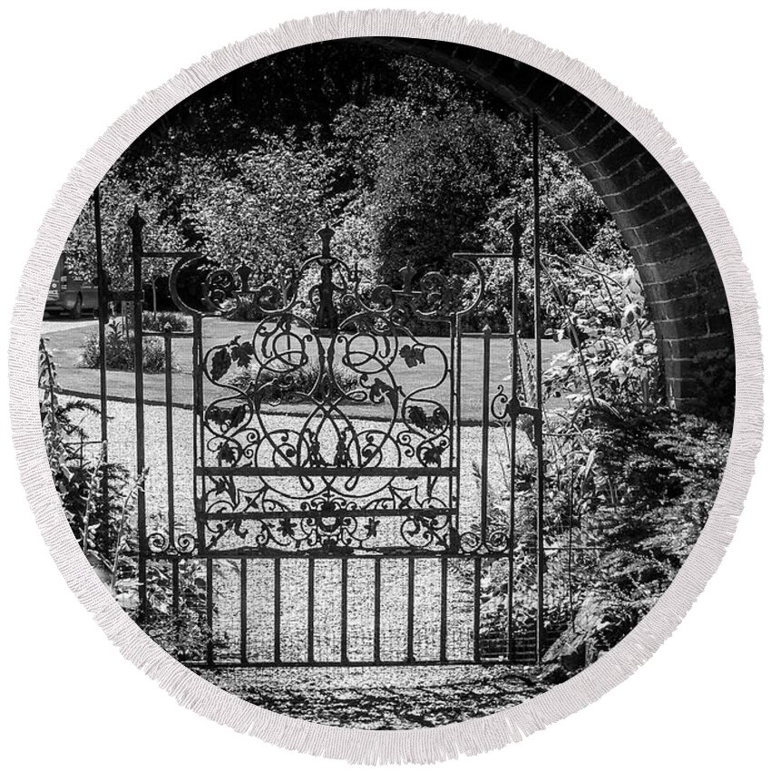 Gate Round Beach Towel featuring the photograph Garden gate by Fran Woods