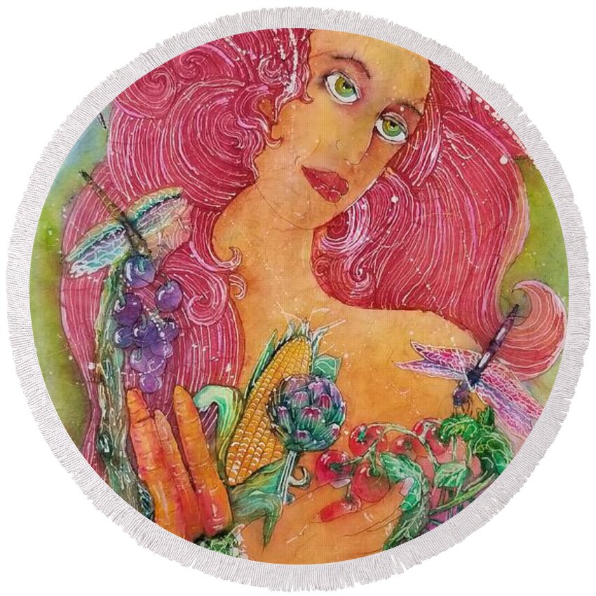 Vegetables Round Beach Towel featuring the painting Garden Goddess of the Vegetables by Carol Losinski Naylor