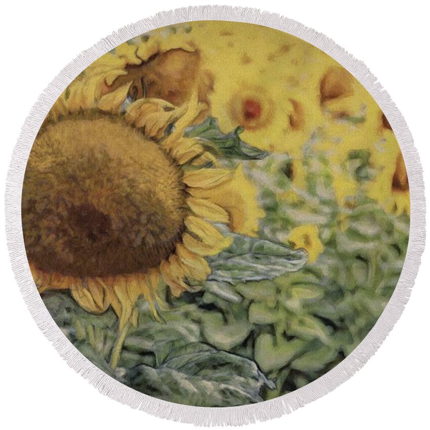 Sunflower Round Beach Towel featuring the painting Garden of the Sun Flower by Jeffrey Kolker