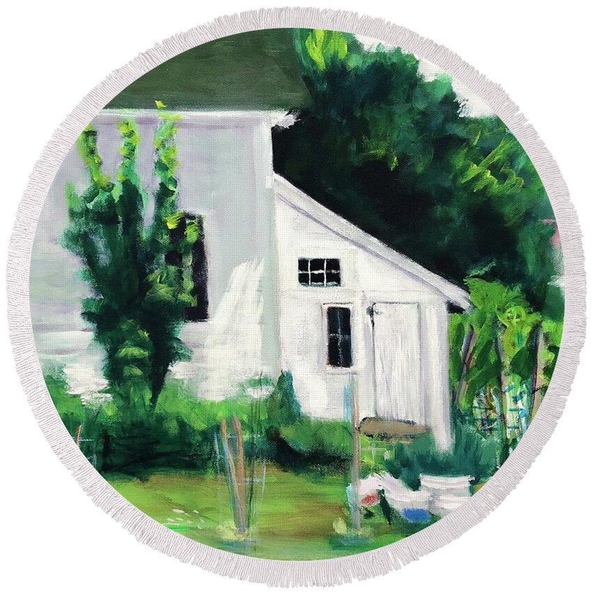 Home Town Round Beach Towel featuring the painting Garden Shed by Cyndie Katz