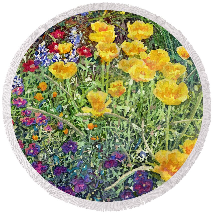 Garden Round Beach Towel featuring the painting Gardener's Delight-Yellow Flowers by Hailey E Herrera