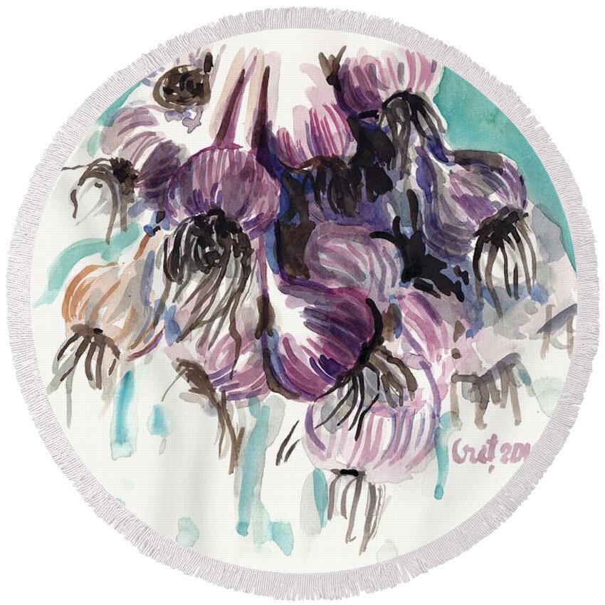Garlic Round Beach Towel featuring the painting Garlic Flowers by George Cret