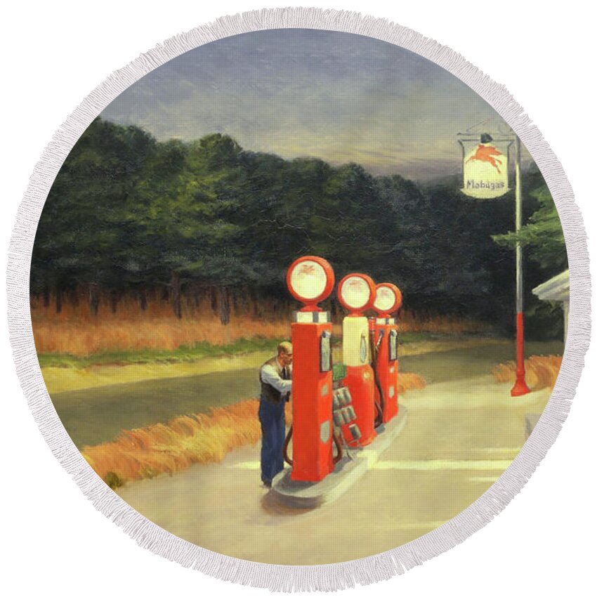 Gas Pumps Round Beach Towel featuring the painting Gas 1940 by Edward Hopper