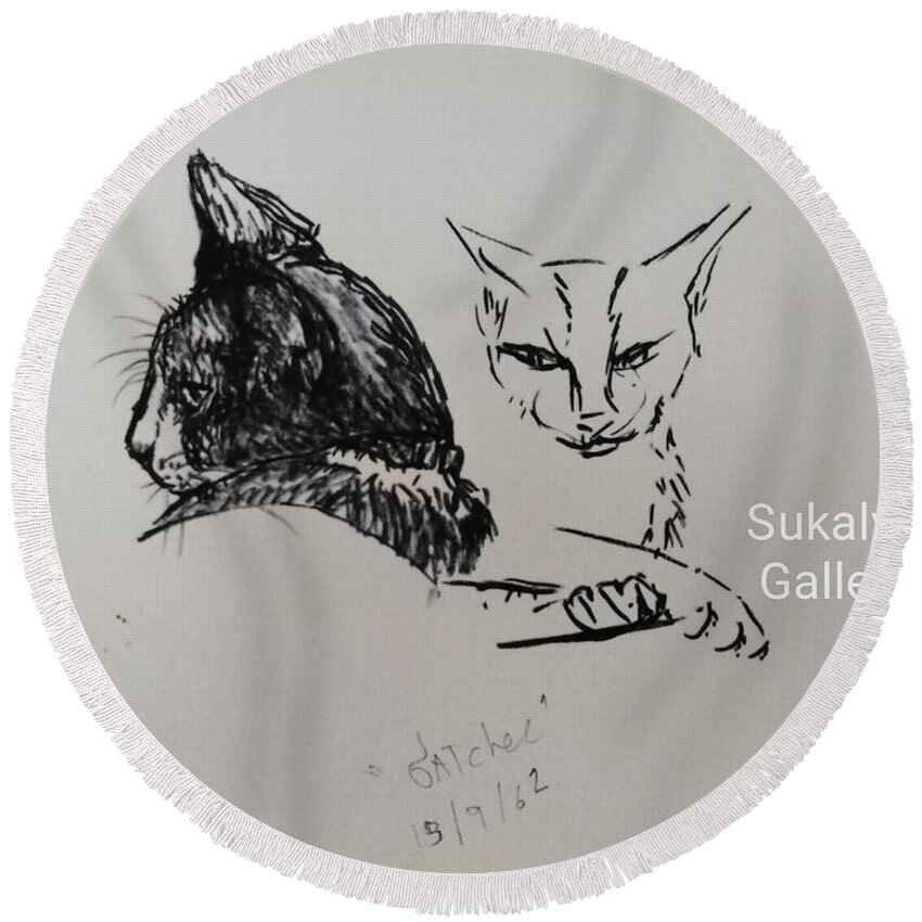 Gatchee Round Beach Towel featuring the drawing Gatchee and herself by Sukalya Chearanantana