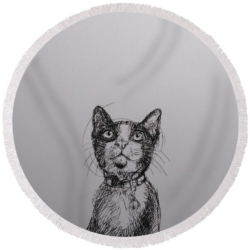  Round Beach Towel featuring the drawing GATchee Quick Sketch Series by Sukalya Chearanantana